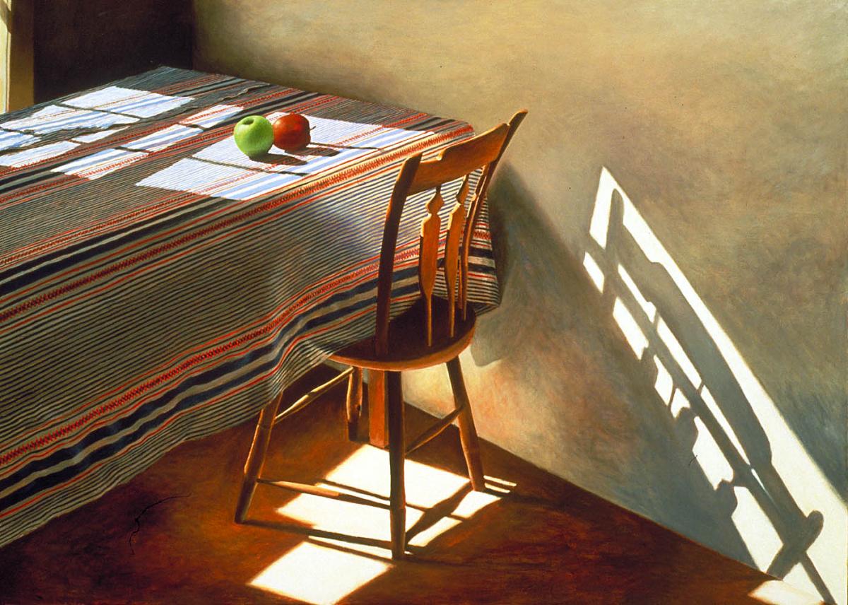An oil painting of a table with two apples on it.
