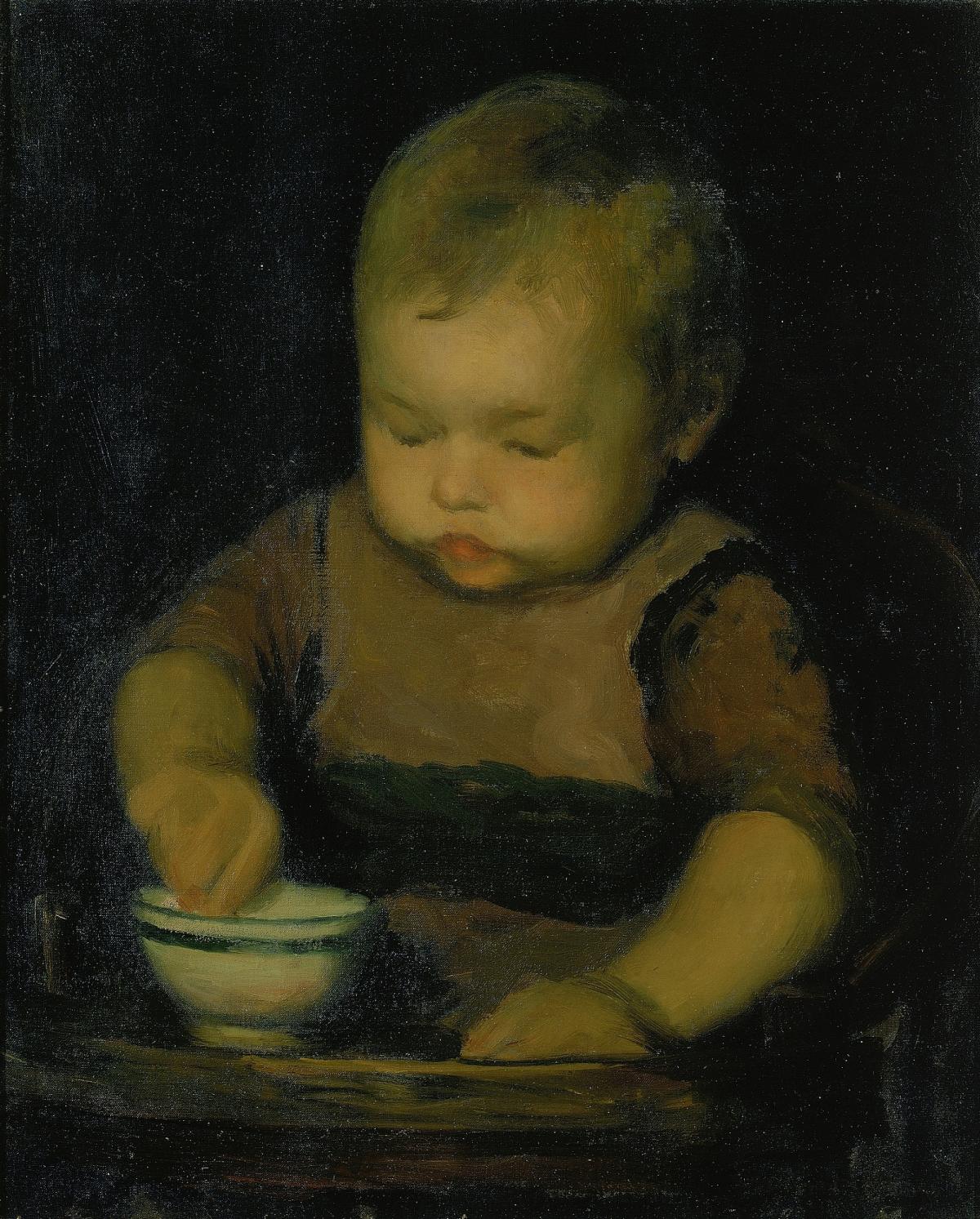 An oil painting of a baby with his hand in a bowl.