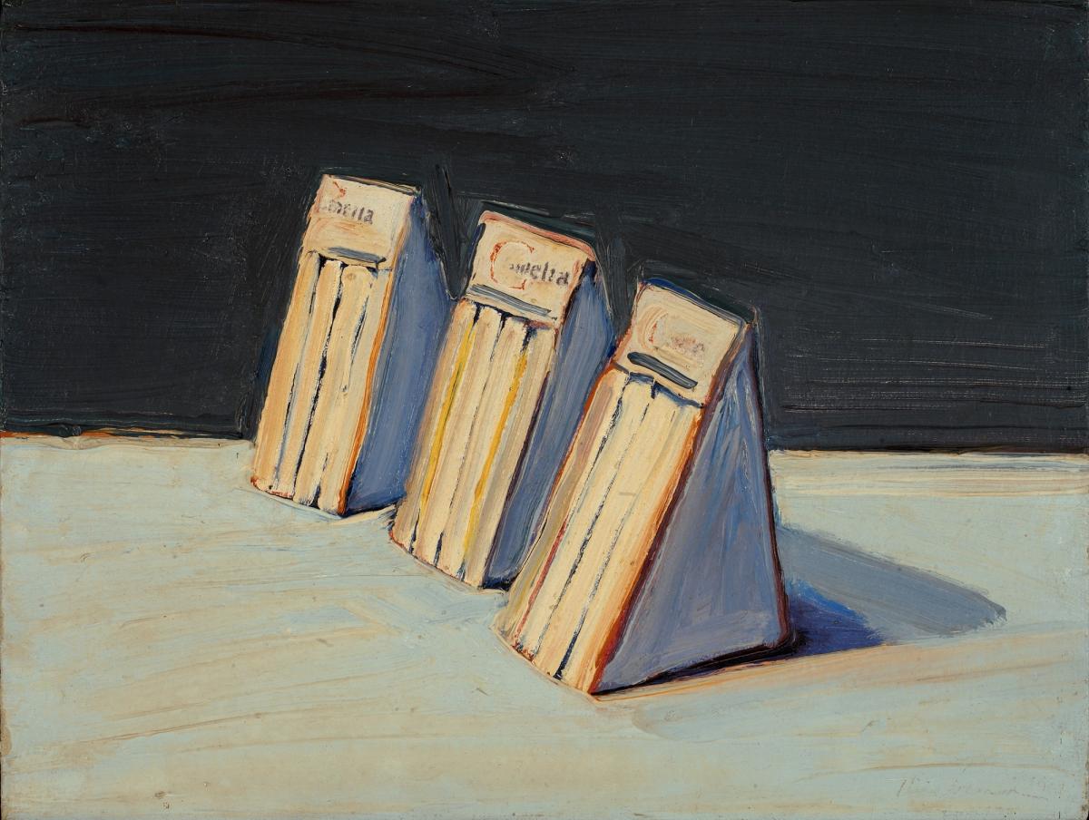 An oil painting of three sandwiches by Wayne Thiebaud.