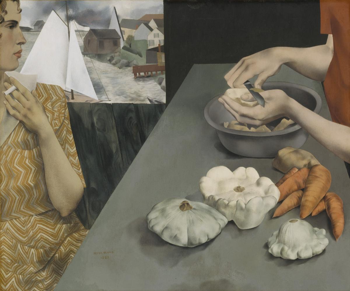 An oil painting of two women.