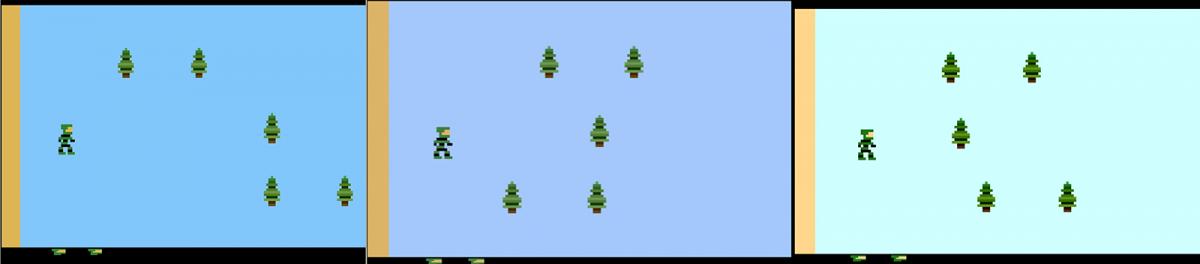 Three side-by-side emulators of video game "Halo 2600"