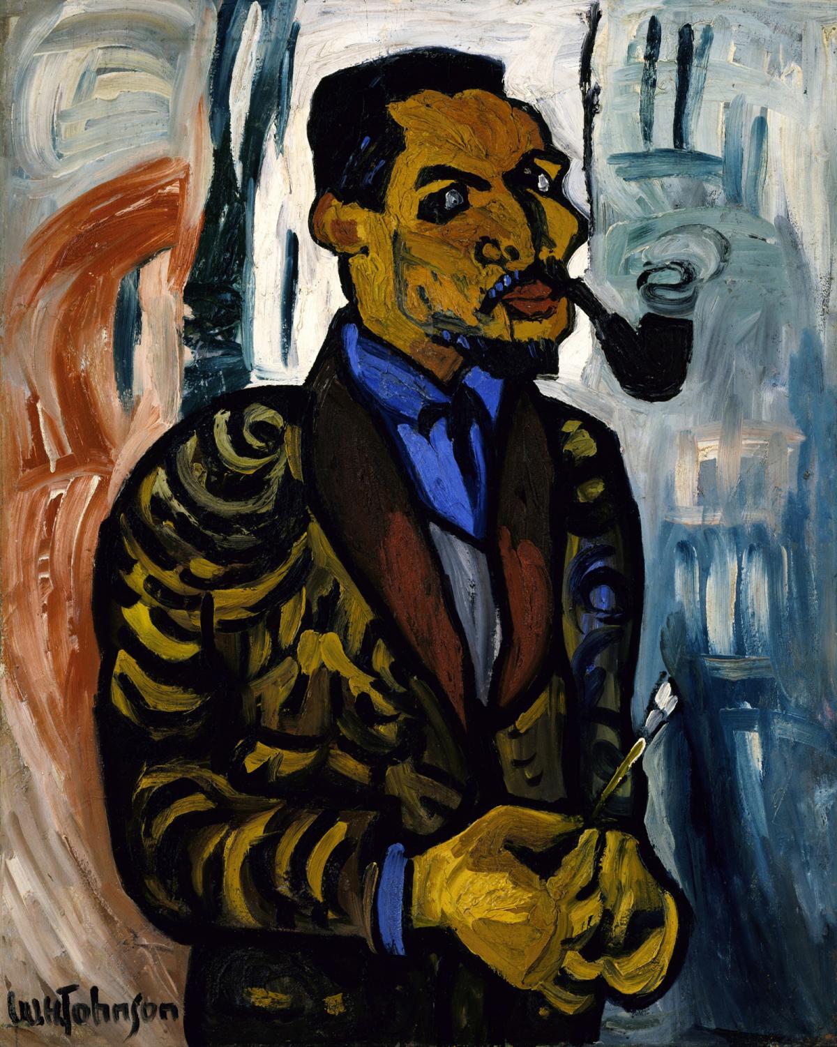 Self-portrait of artist William H Johnson with pipe in mouth and brush in hand.