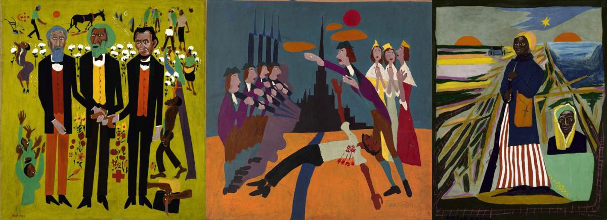 Three side-by-side paintings of William H. Johnson's Fighters for Freedom series