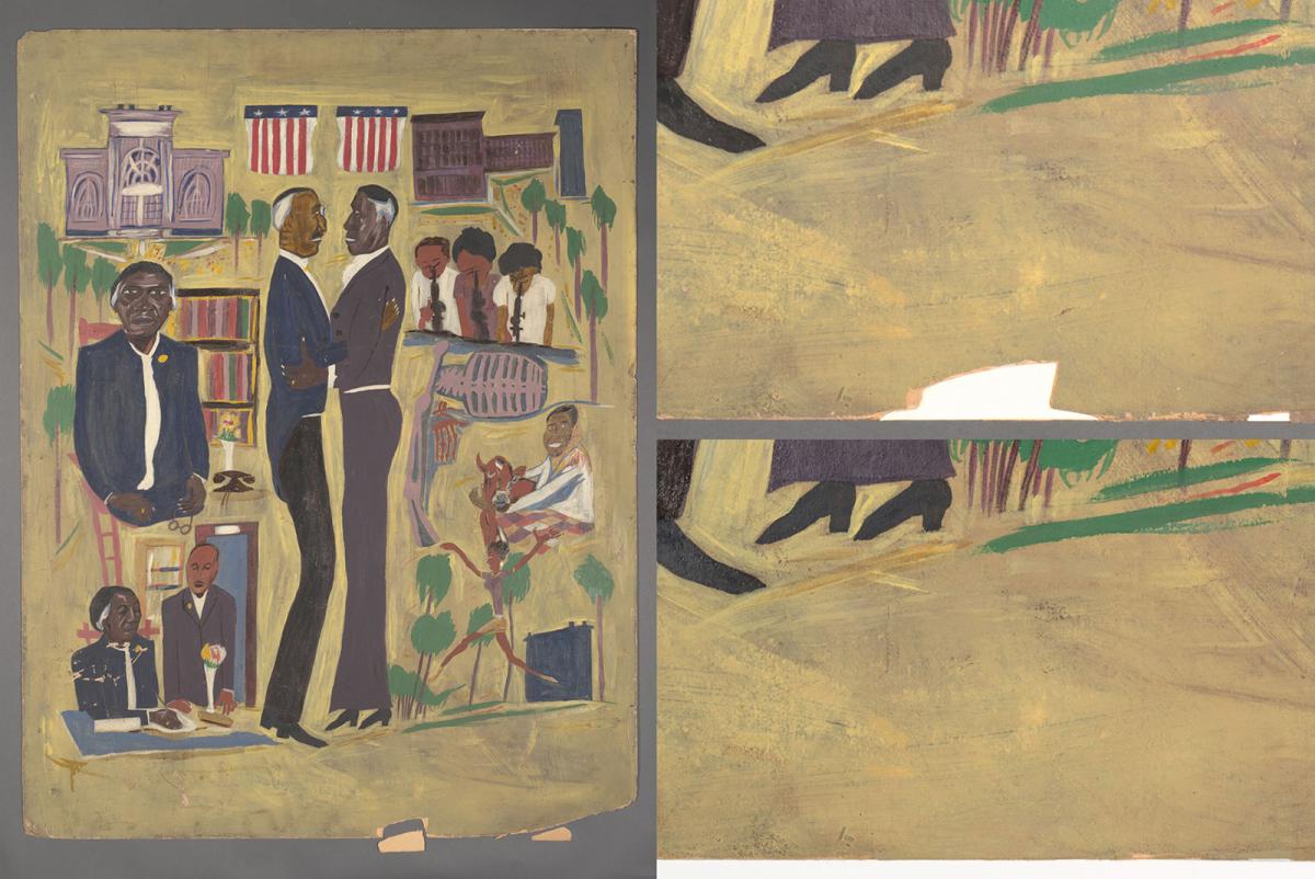 Compilation of views of William H. Johnson's painting including details of conservation fill.