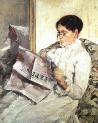 A painting of a woman sitting down and reading 'Le Figaro'