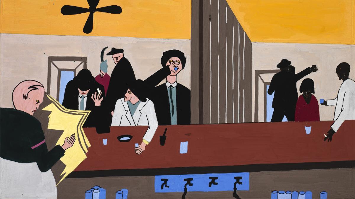 an artwork of a bar with people inside