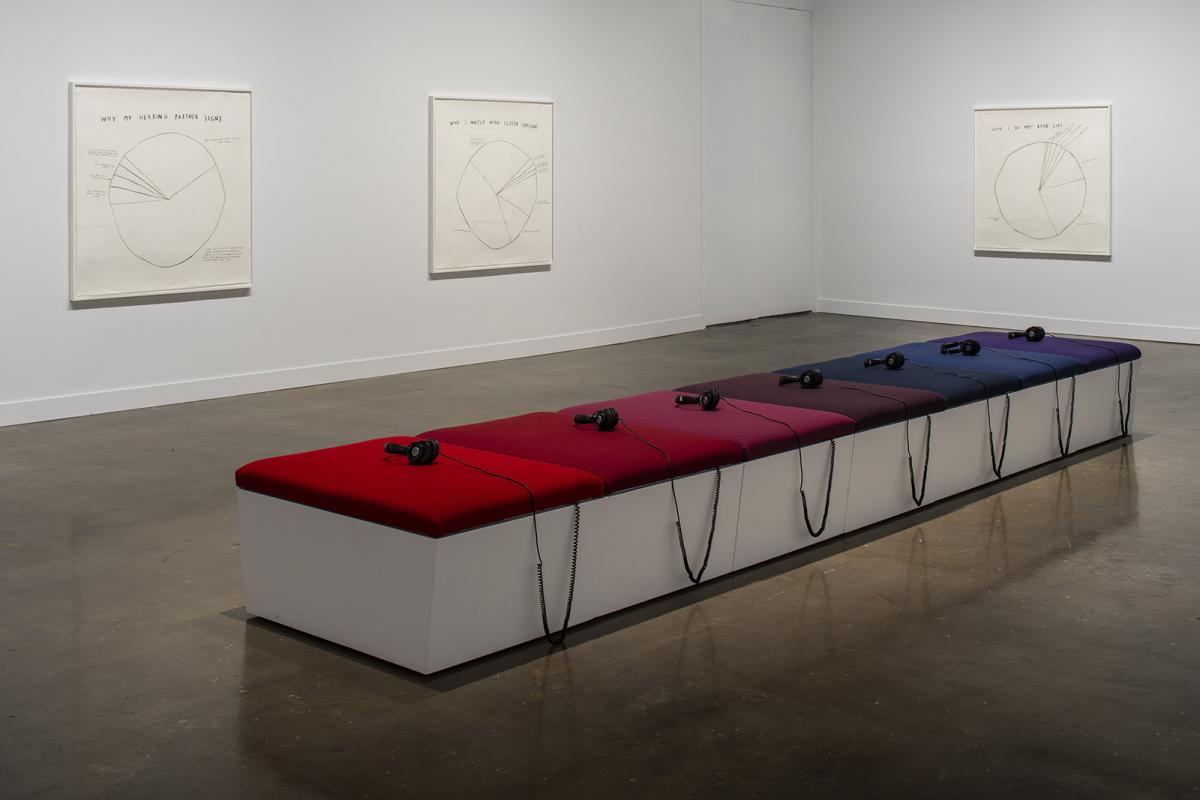 A photograph of a gallery space with artwork on the walls and a bench with headphones