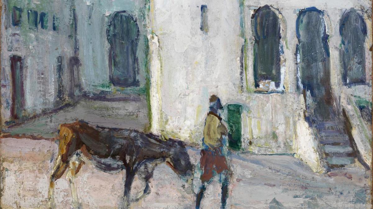 A painting of Morocco with a man and a mule walking in the street.