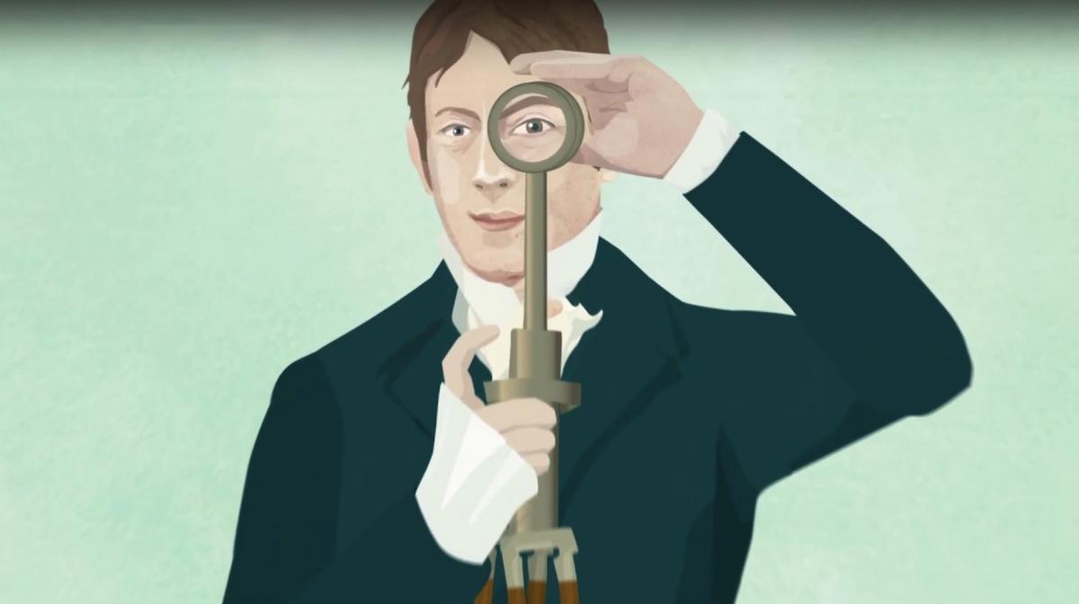An animation of a man holding a telescope