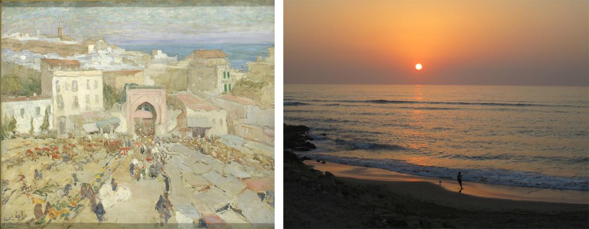 A painting of Tangier and a photograph of Asilah, Morocco