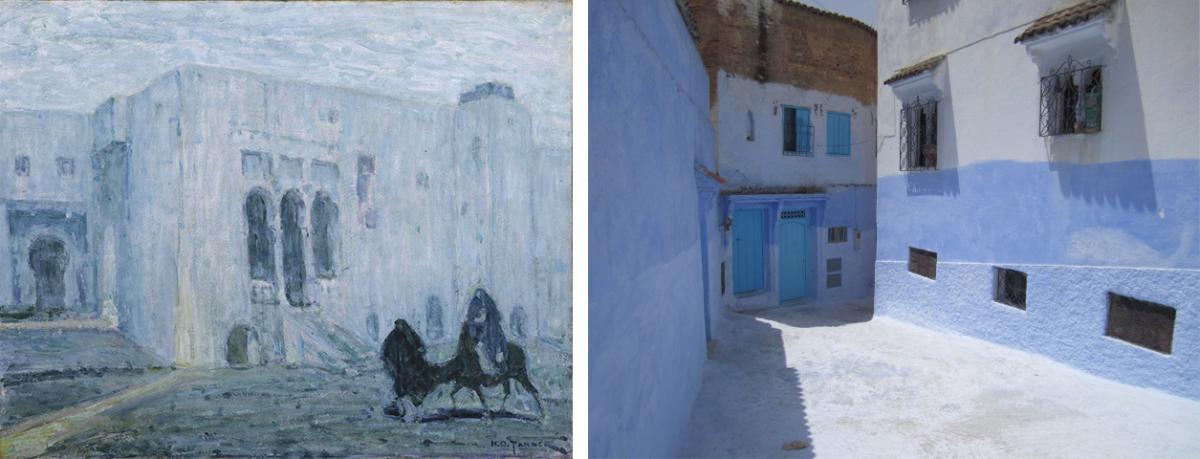 A painting of tangier and a photograph of Chefchaouen, morocco