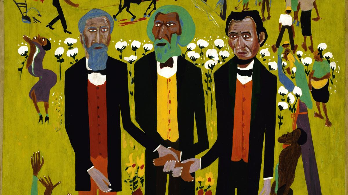 A painting of three men shaking hands