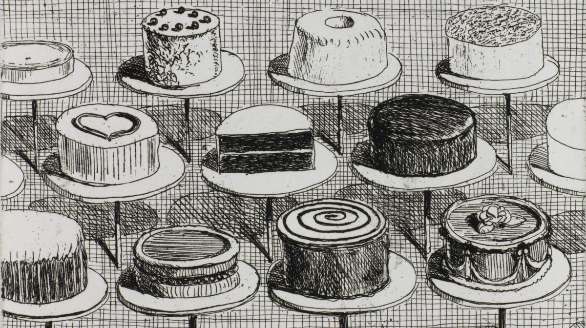 A drawing of over ten cakes lined up in a store front. 