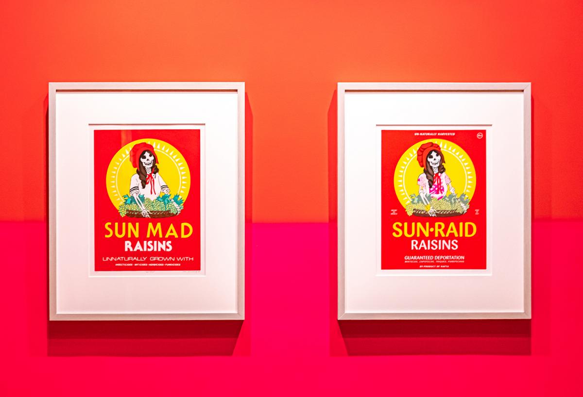 A photograph of an installation with two artworks next to each other. 