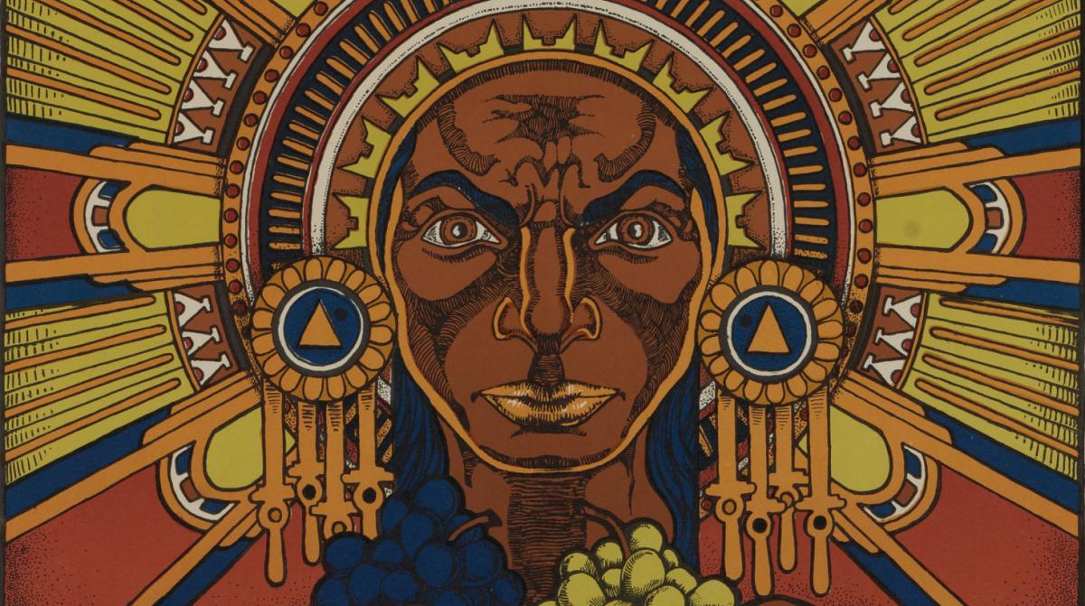 An artwork of a figure holding grapes.
