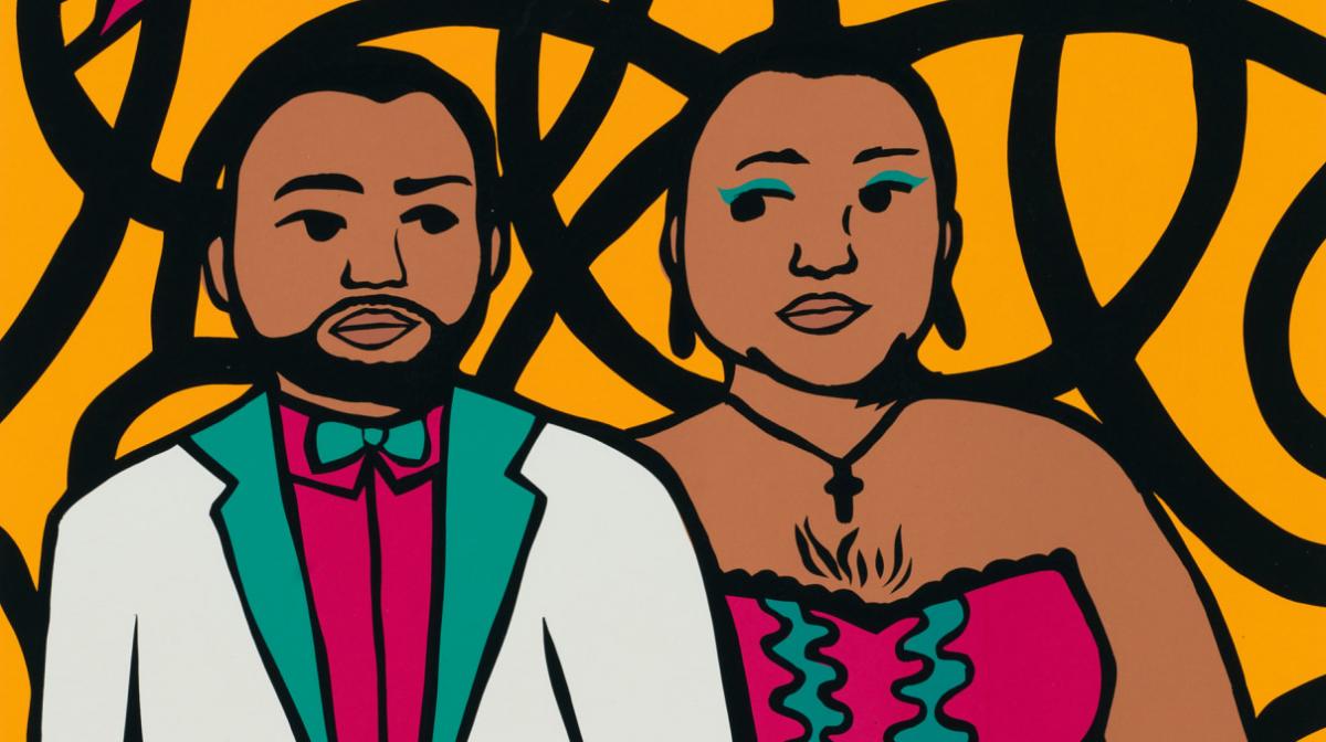 An artwork of two people standing next to each other. 