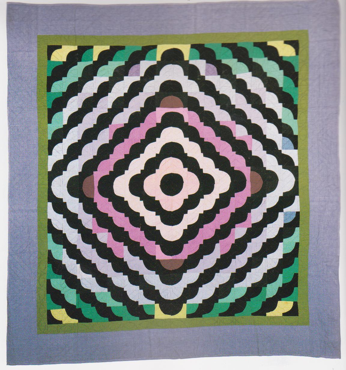Old Maid's Puzzle quilt in pink, white, and green
