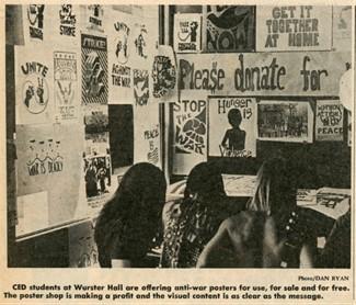 Newspaper clipping of students in front of a wall of printed anti-war posters.