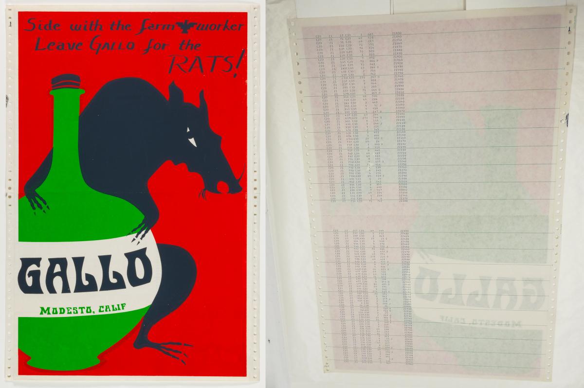 Print of rat behind a wine bottle, reverse view of the computer paper on which it was printed.