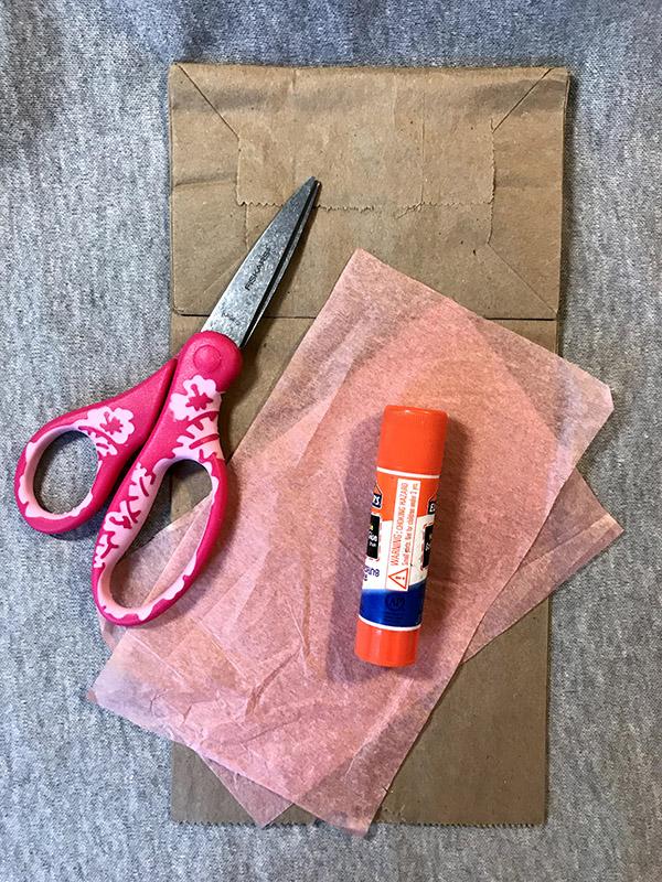 Group of supplies: paper bag, pink tissue paper, glue stick, and scissors