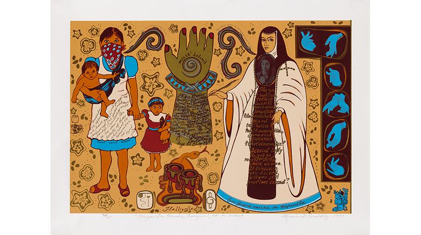 A print of 2 women, one holding a baby, surrounded by text and symbols