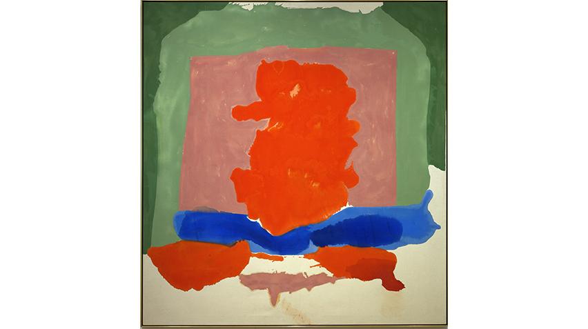 An abstract painting in red and green