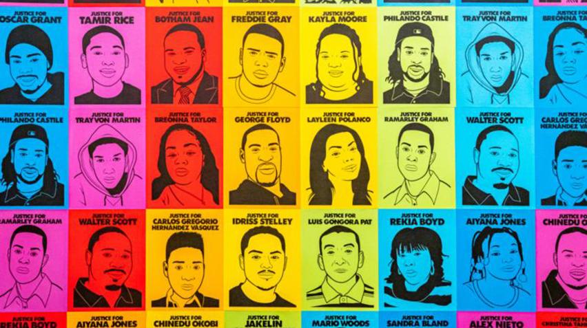 A collage of illustrated portraits on brightly colored backgrounds