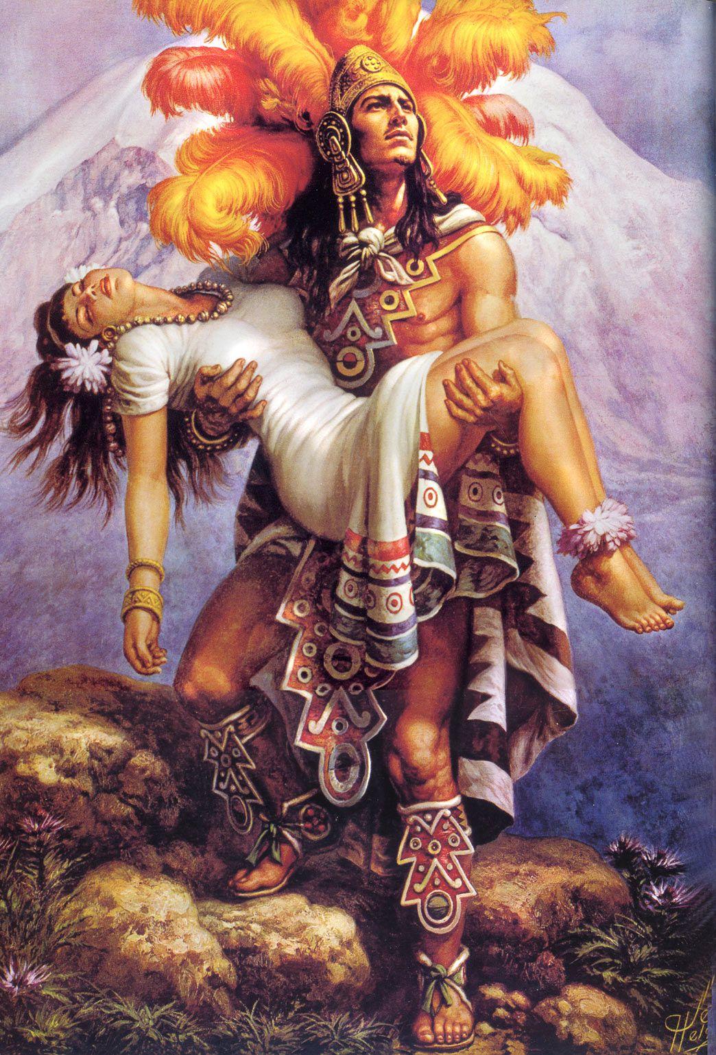 Painting of an Aztec man standing in front of a mountain, holding a woman in his arms
