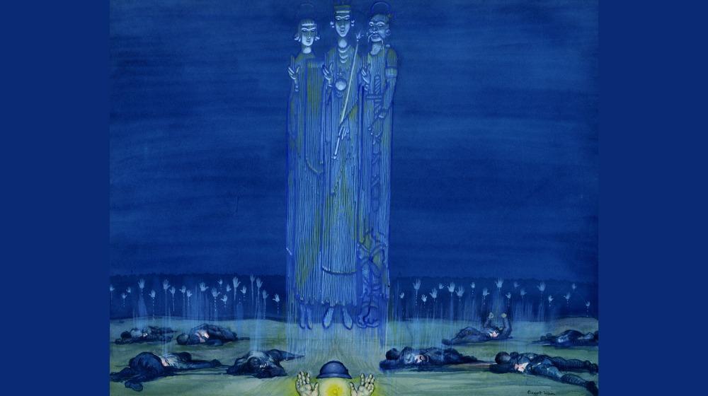 Painting with three angel figures hovering over a battlefield