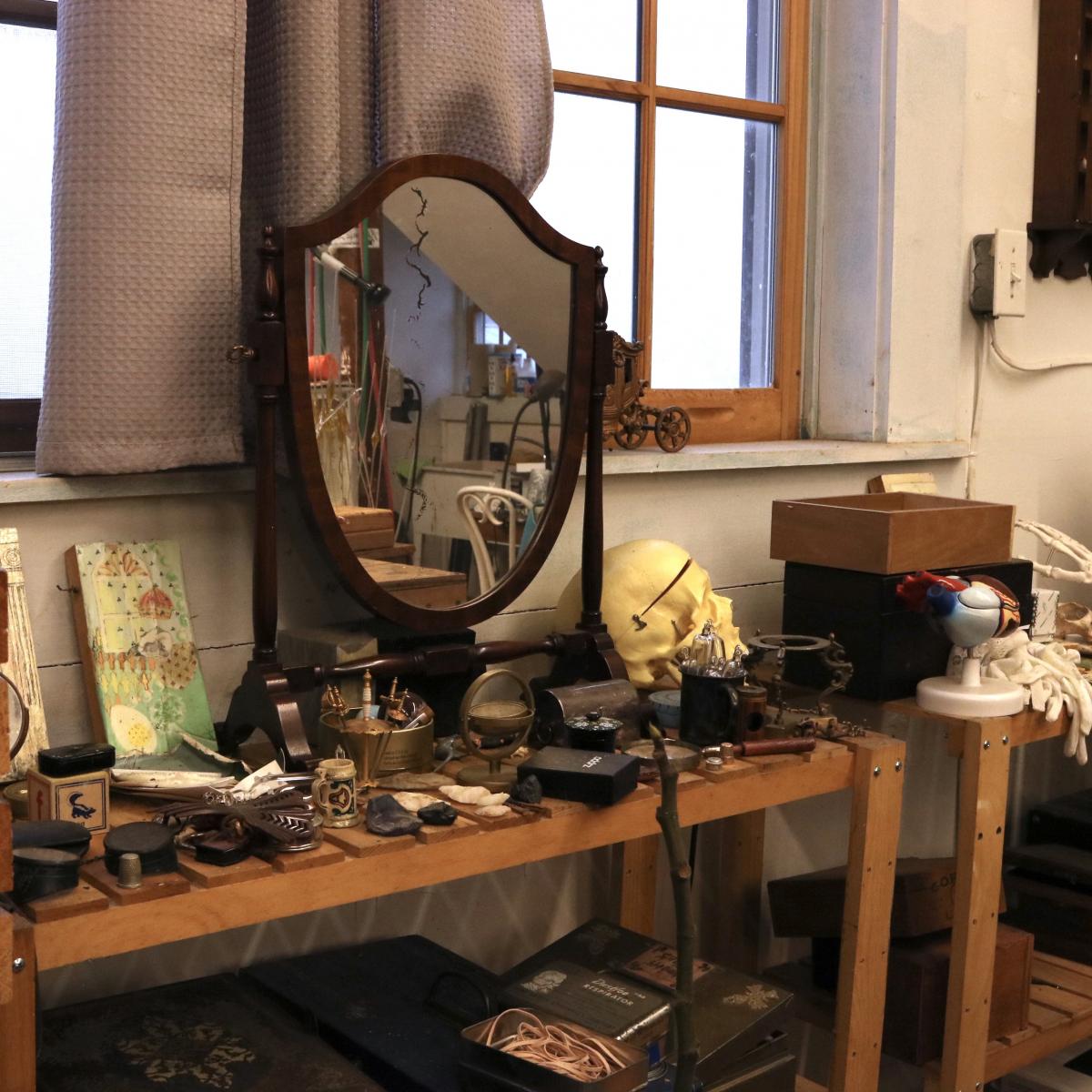 A mirror and objects the artist finds inspiring