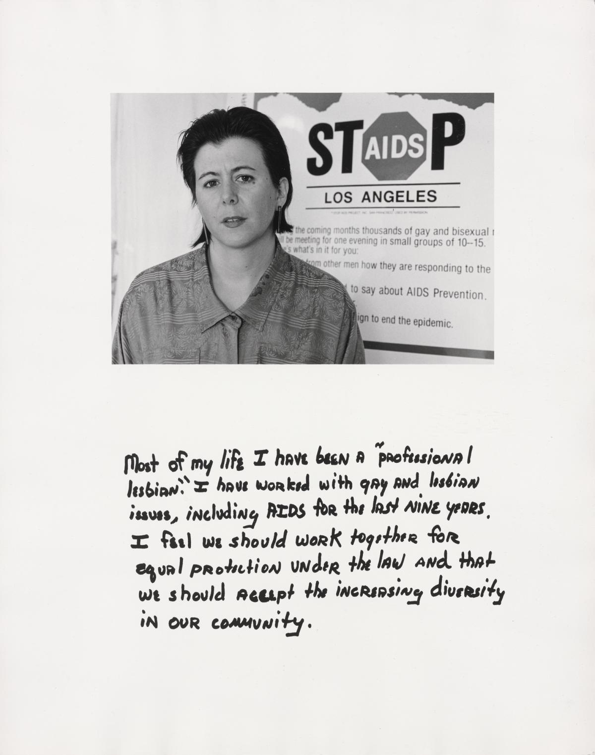 A photograph of a short haired woman with the words "Stop AIDS Los Angeles" behind her and text below her.