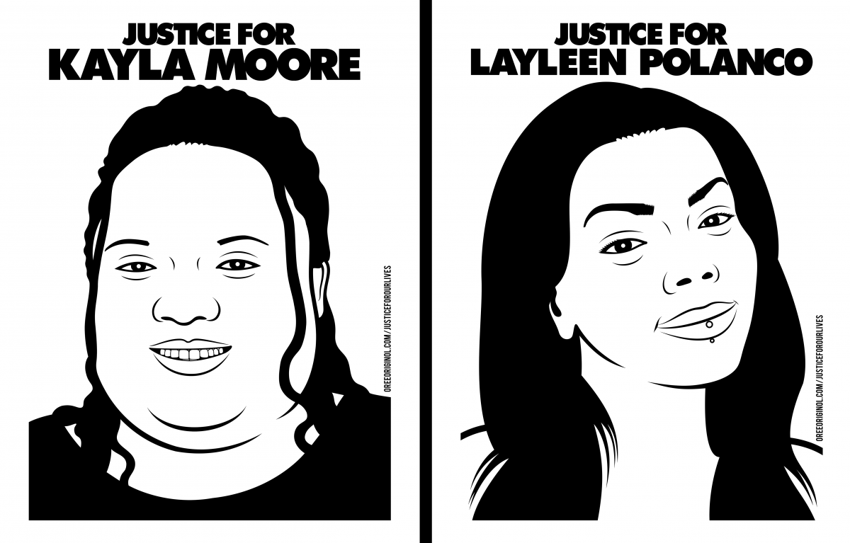 Two black and white illustrated portraits side-by-side