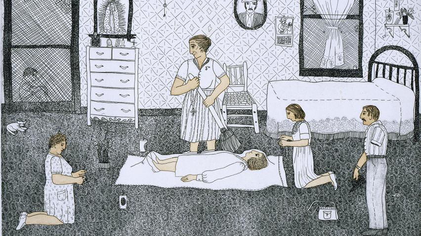 Etching of a healing scene