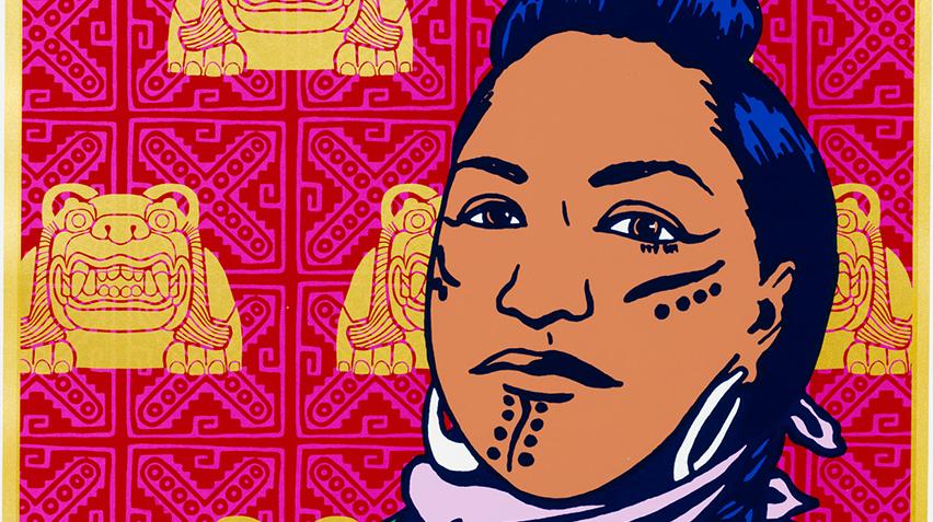 Blog - Chicanx Graphic Arts in Focus: Between the Leopard and the Jaguar, homepage A print of a woman's face with facial tattoos, against a printed background
