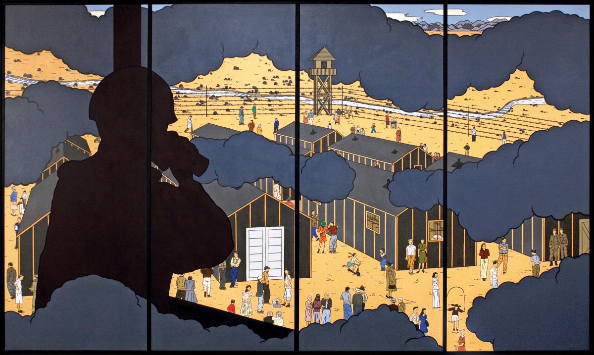 Solider looking out of an internment camps with binoculars 