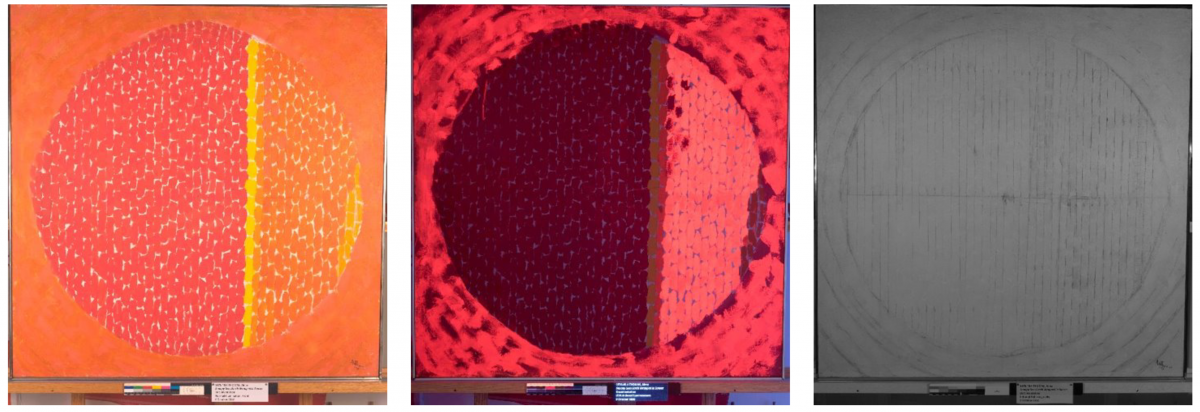 A painting seen under three types of light in the conservation department