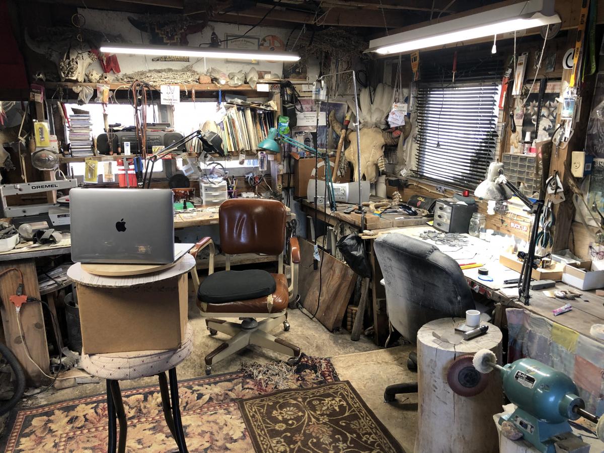 Cluttered artist studio with 