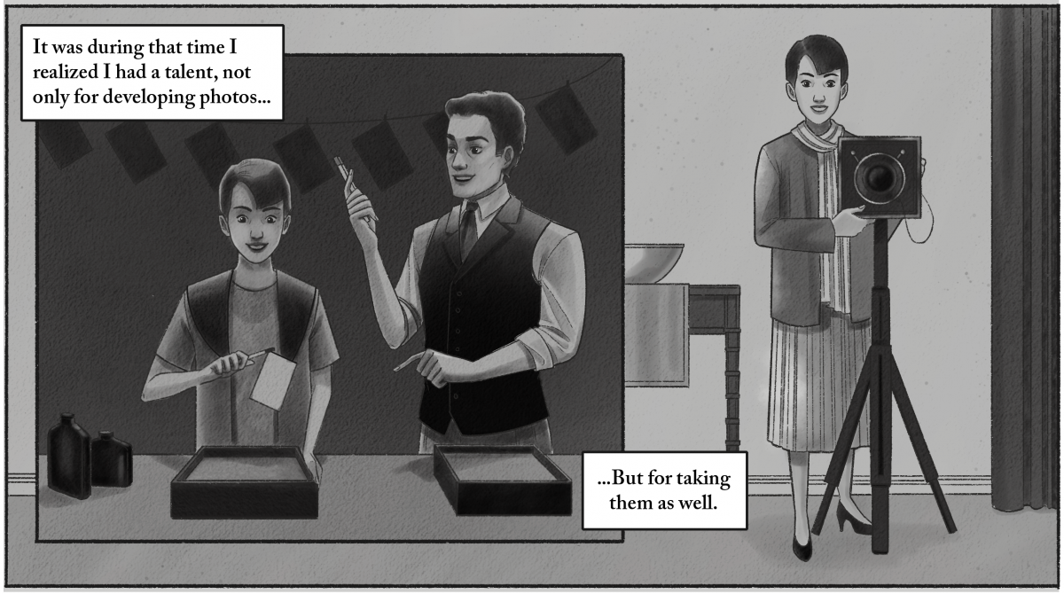 a black and white image of first a darkroom and a woman developing prints while a man stands near and then of the same woman with a camera on tripod.