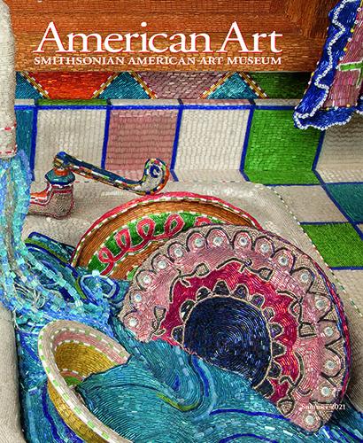 The cover of American Art shows a colorful mosaic-laden sculpture of dishes in a sink.