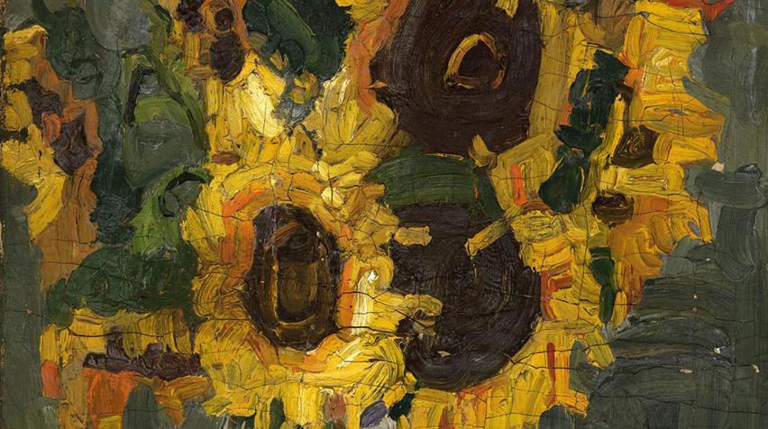 A Still-Life of yellow and green sunflowers on a gray background