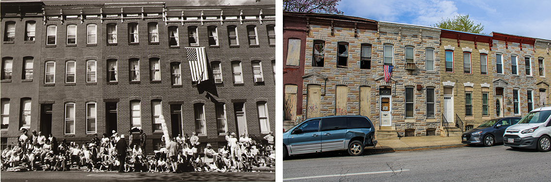 Two side by side photographs: the left is a black and white image of an apartment building facade. A crowd is gathered in front, watching a parade. A U.S. flag hangs out the window. On the right, the photo is in color and shows a different but similar looking apartment buidling with a U.S. flag hanging out a window.