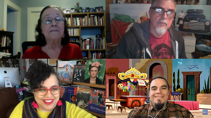 A zoom screen split with four participants