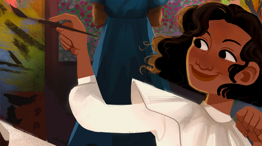 A detail of a comic book cover showing a young African American girl with a paintbrush in her hand