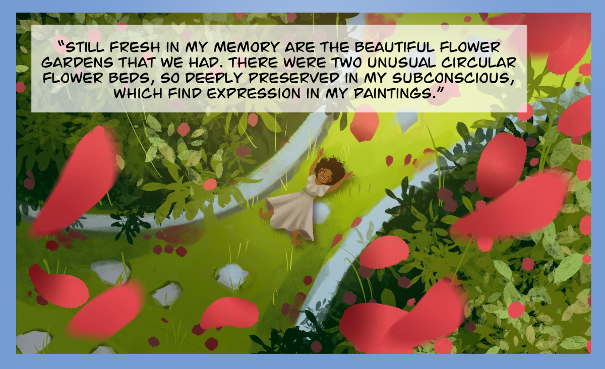 a young girl in her garden with red flower petals falling
