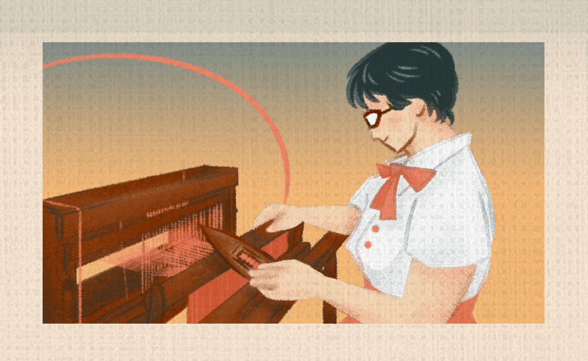 An illustration of a young woman with dark hair weaving holding a shuttle in her hand and is sitting a loom, weaving. 