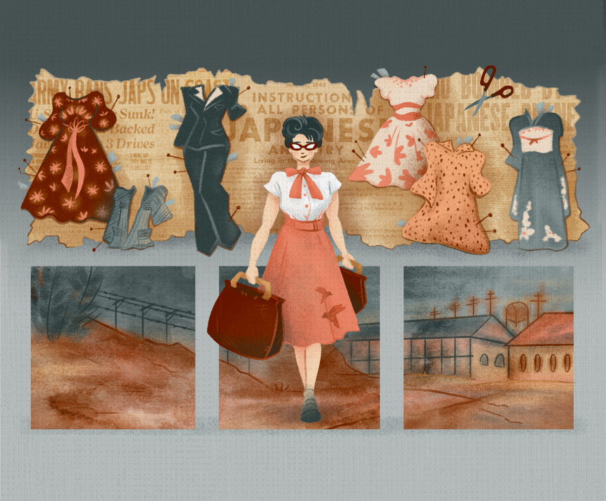 An illustration of a young woman walking with a suitcase. There are images of paper doll clothes and incarceration camps behind her.