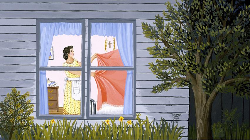 A detail of a painting outside of a house. Through the window, a woman is putting a blanket on a bed..