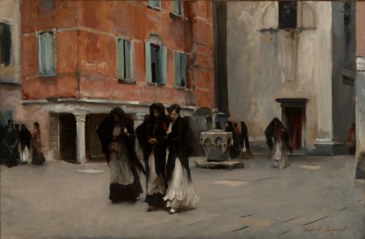 A painting of women wearing black shawls and long dresses walking on a street.