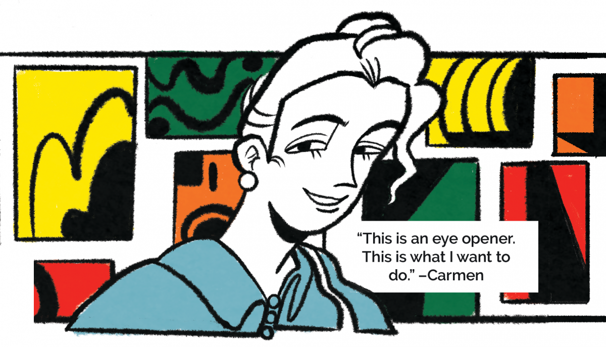 An illustration of a woman standing in front of a wall of colorful, abstract art. The text is a quote from the artist that says "This is an eye opener. This is what I want to do."