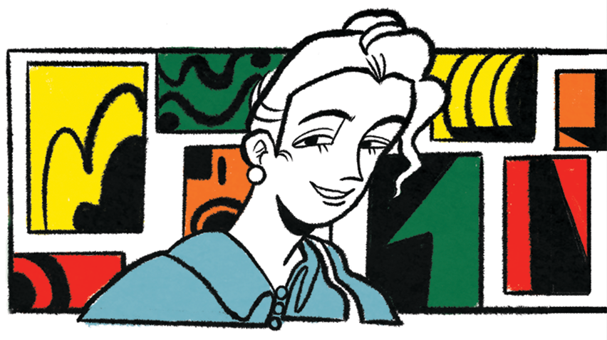 An illustration of a woman standing in front of a wall of colorful, abstract art.